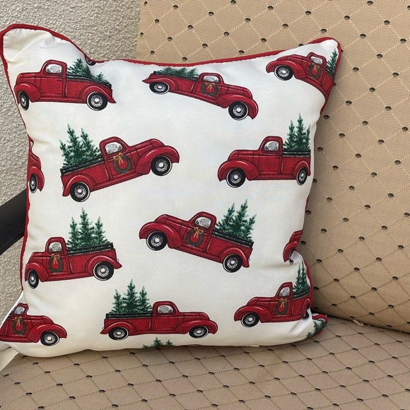 Red and White Christmas Pillow with Vintage Truck and Merry Christmas Text - Picture 2 of 4